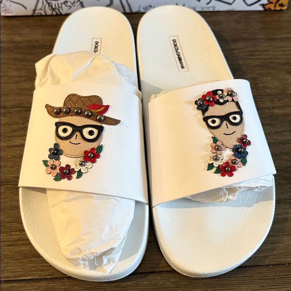 NIB [Dolce & Gabanna] Patches of the Designers Rubber/Calfskin Slides Mens US 10 - Picture 4 of 14